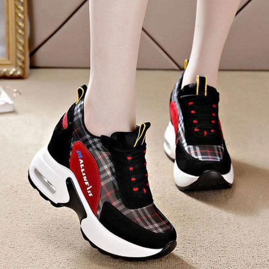 Plaid Pattern Colorful Lace Up Mesh Sports Sneakers - Black |image
