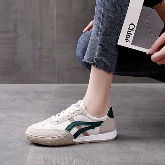 Canvas Breathable Lace Up Stripes Women Sneakers - Green |image