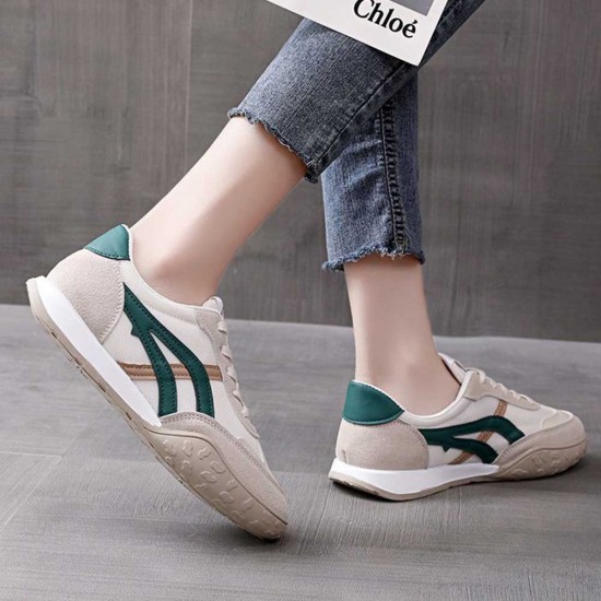 Canvas Breathable Lace Up Stripes Women Sneakers - Green |image