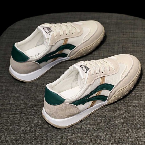 Canvas Breathable Lace Up Stripes Women Sneakers - Green |image