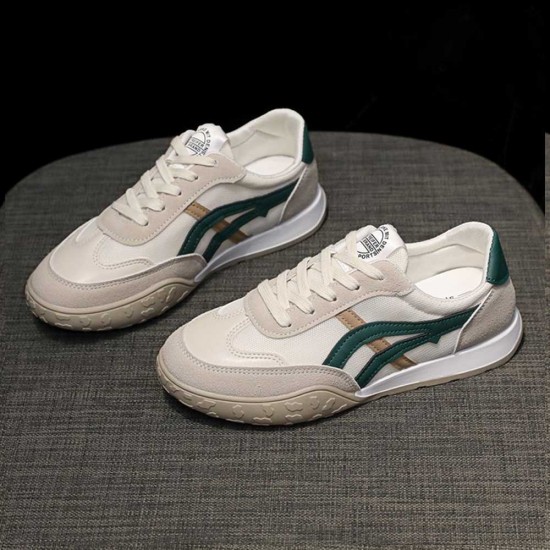 Canvas Breathable Lace Up Stripes Women Sneakers - Green |image