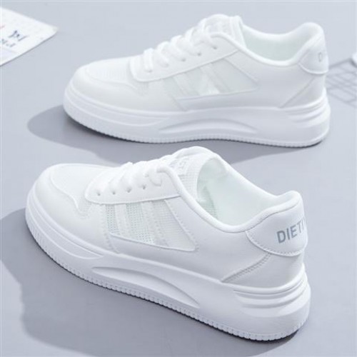 Flat Heel Shallow Mouth Breathable Lace Up Stripe Sneakers - White |image