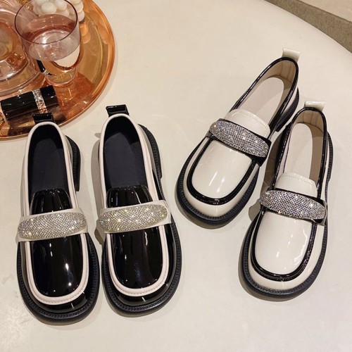 Platform Rhinestone Slip On Sponge Bottom Loafers Shoes - Black |image