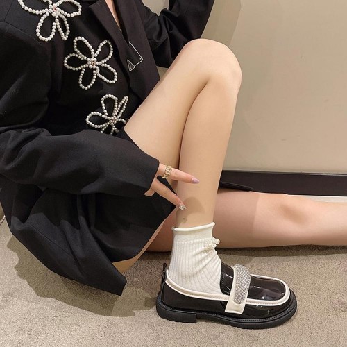 Platform Rhinestone Slip On Sponge Bottom Loafers Shoes - Black |image