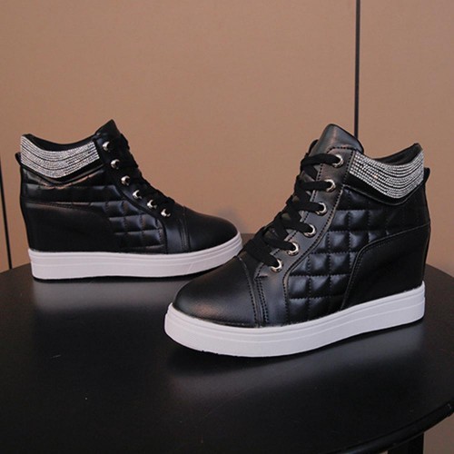 Rhinestone Decorated Style High Top Comfortable Women Sneakers - Black |image
