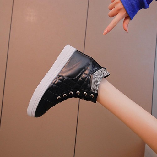 Rhinestone Decorated Style High Top Comfortable Women Sneakers - Black |image