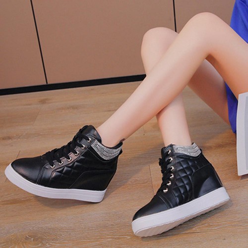 Rhinestone Decorated Style High Top Comfortable Women Sneakers - Black |image