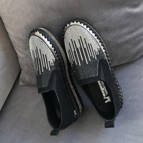 Platform Crystal Flat Soft Soled Slip On Loafers Shoes - Black |image