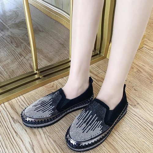 Platform Crystal Flat Soft Soled Slip On Loafers Shoes - Black |image
