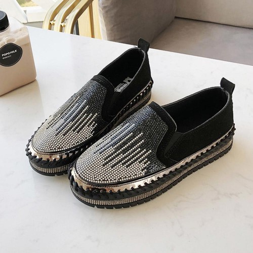Platform Crystal Flat Soft Soled Slip On Loafers Shoes - Black |image