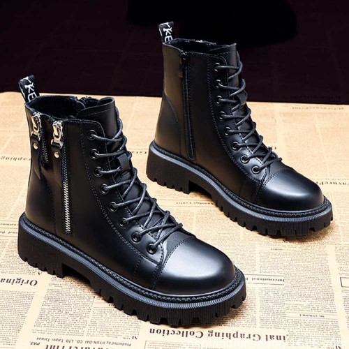 Zipper High Top Lace Up Women Casual Ankle Boots Black |image