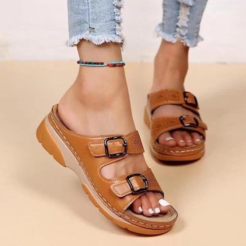 Casual Buckle Strap Open Toe Outer Hollow Wedge Slippers - Brown |image
