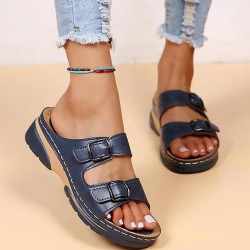 Casual Buckle Strap Open Toe Outer Hollow Wedge Slippers - Green