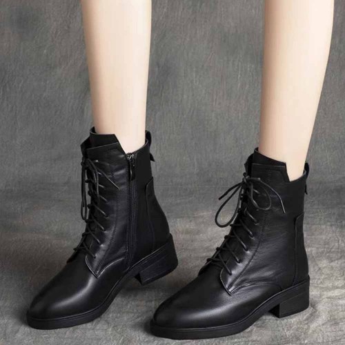 High Top Smooth Lace Up Leather Chunky Boots Black |image