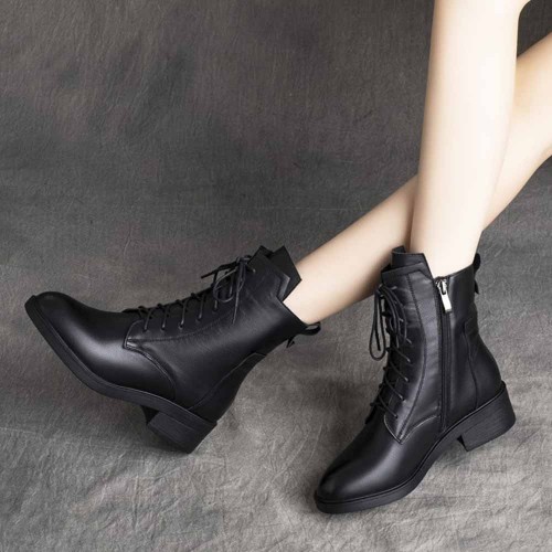 High Top Smooth Lace Up Leather Chunky Boots Black |image