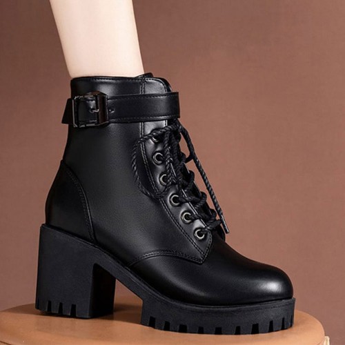 Comfortable Platform High Heels Ankle Strap Boots - Black |image