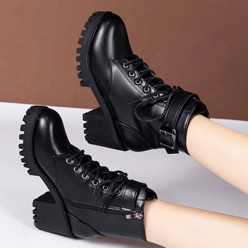 Comfortable Platform High Heels Ankle Strap Boots - Black |image