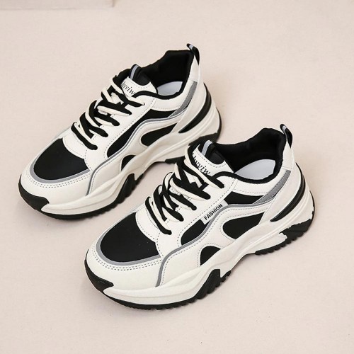 Platform Hot Reflective Thick Sole Lace Up Chunky Sneakers - Black |image