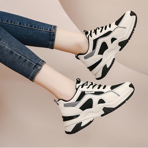 Platform Hot Reflective Thick Sole Lace Up Chunky Sneakers - Black |image