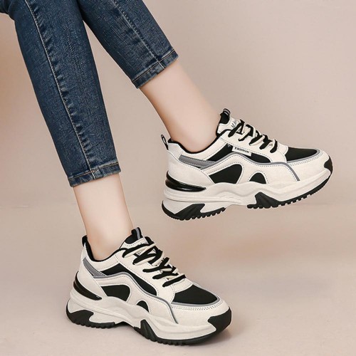 Platform Hot Reflective Thick Sole Lace Up Chunky Sneakers - Black |image