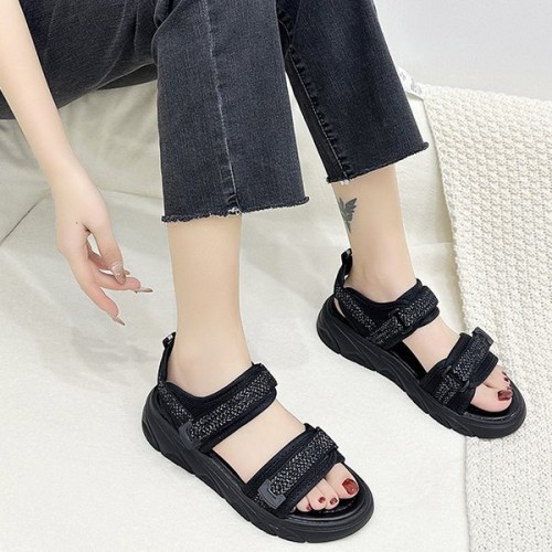 Transparent Ankle Strap Velcro Peep Toe Wedge Sandals - Black |image