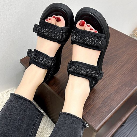 Transparent Ankle Strap Velcro Peep Toe Wedge Sandals - Black |image