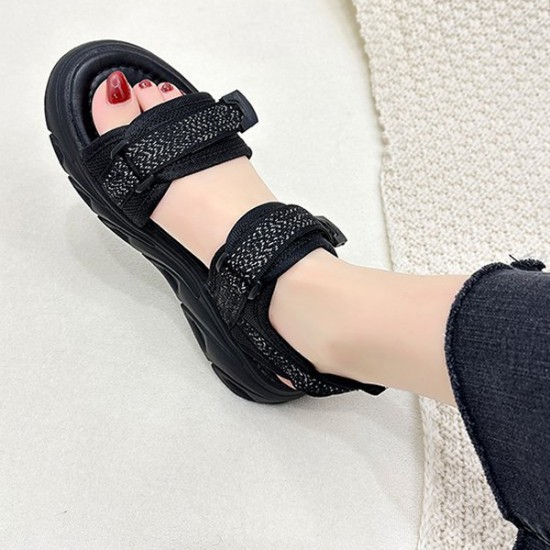 Transparent Ankle Strap Velcro Peep Toe Wedge Sandals - Black |image