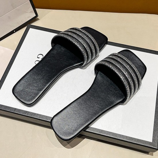 Cross Border Rhinestone Square Head Flat Bottom Slippers - Black |image