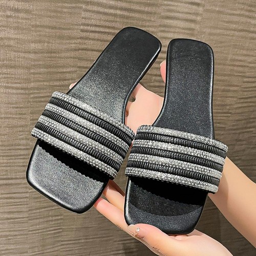 Cross Border Rhinestone Square Head Flat Bottom Slippers - Black |image