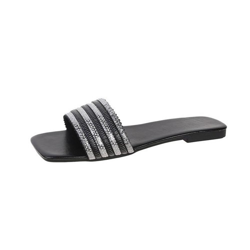 Cross Border Rhinestone Square Head Flat Bottom Slippers - Black |image