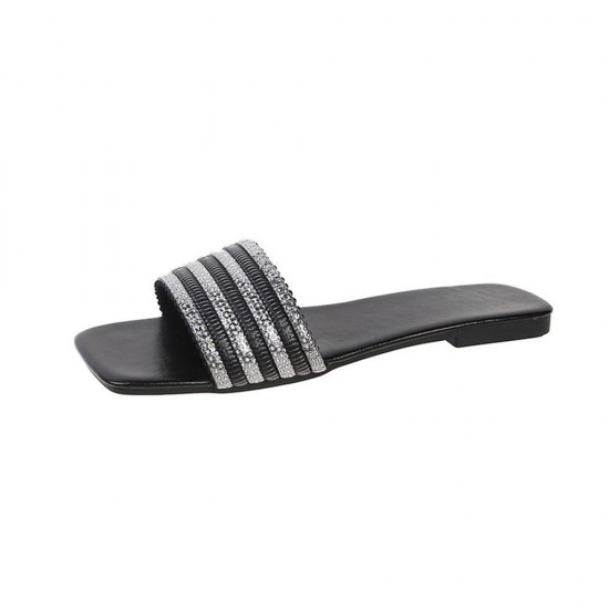 Cross Border Rhinestone Square Head Flat Bottom Slippers - Black |image