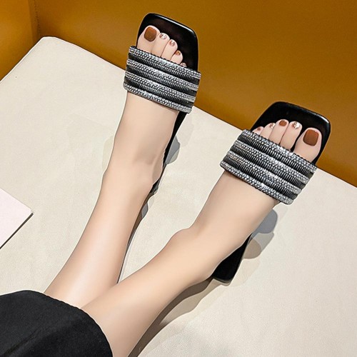 Cross Border Rhinestone Square Head Flat Bottom Slippers - Black |image