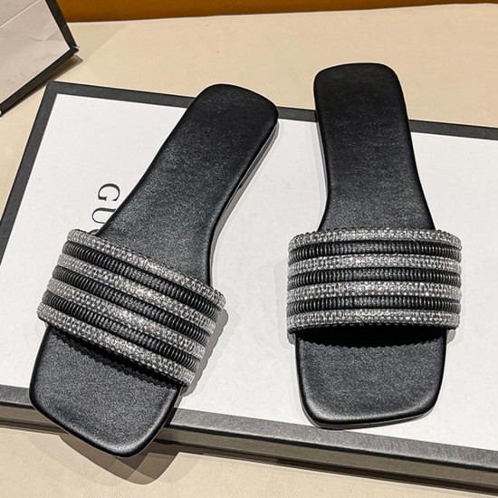 Cross Border Rhinestone Square Head Flat Bottom Slippers - Black |image