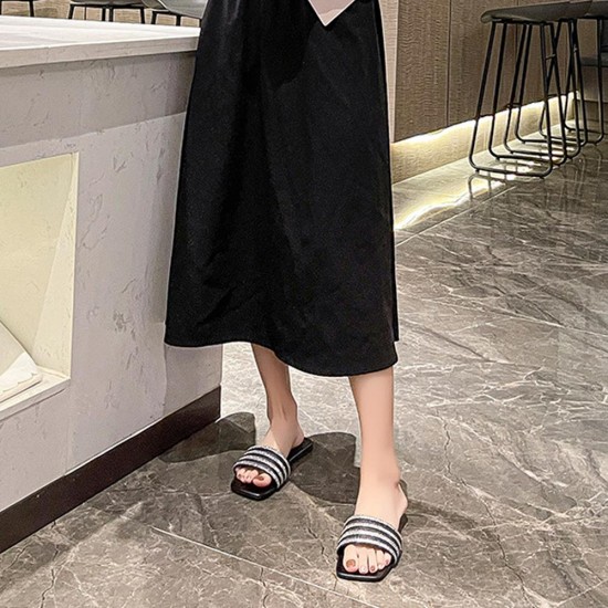 Cross Border Rhinestone Square Head Flat Bottom Slippers - Black |image