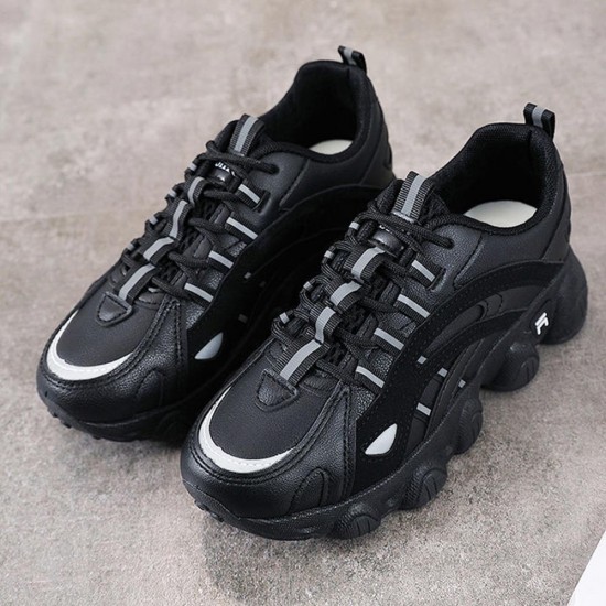 Cross Straps Breathable Flat Bottom Lace Up Sports Sneakers - Black |image