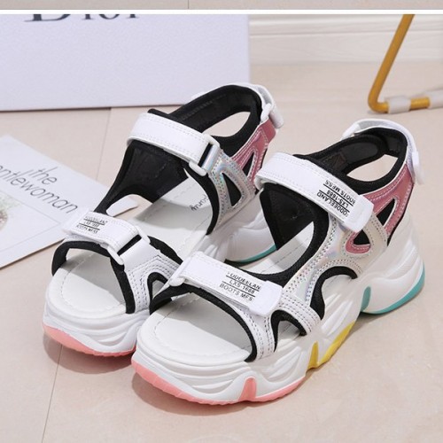 Rainbow Velcro Closure Open Toe Soft Sole Sports Sandals - White |image