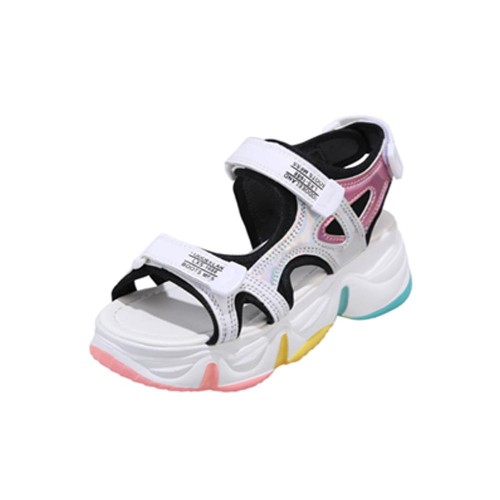 Rainbow Velcro Closure Open Toe Soft Sole Sports Sandals - White |image