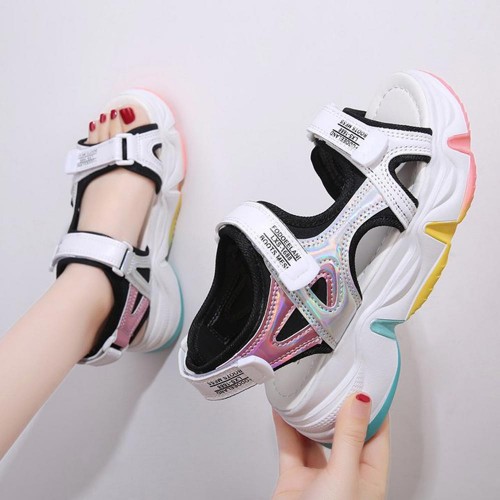 Rainbow Velcro Closure Open Toe Soft Sole Sports Sandals - White |image
