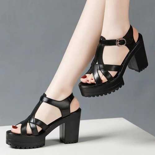 Comfort Peep Toe Buckle Stripe Closure Hollows Heel Sandals - Black |image