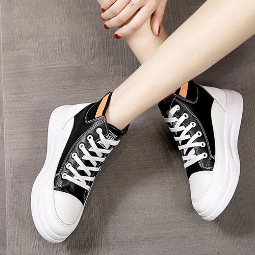 Platform Breathable Shallow Mouth Lace Up Ankle Sneakers - Black |image