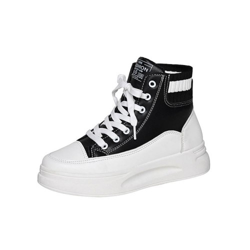 Platform Shallow Mouth Thick Soled Lace Up Ankle Sneakers - Black |image