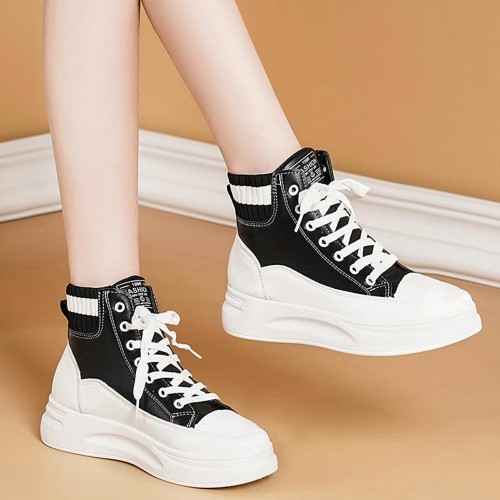 Platform Shallow Mouth Thick Soled Lace Up Ankle Sneakers - Black |image