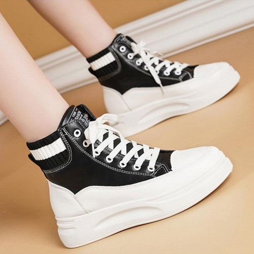 Platform Shallow Mouth Thick Soled Lace Up Ankle Sneakers - Black |image