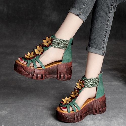Back Zipper Peep Toe Flowers Decor Strappy Wedge Sandals - Green |image