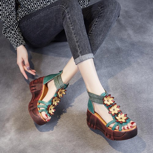 Back Zipper Peep Toe Flowers Decor Strappy Wedge Sandals - Green |image