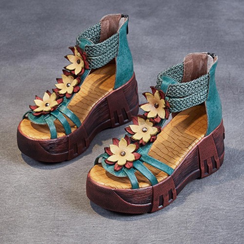 Back Zipper Peep Toe Flowers Decor Strappy Wedge Sandals - Green |image