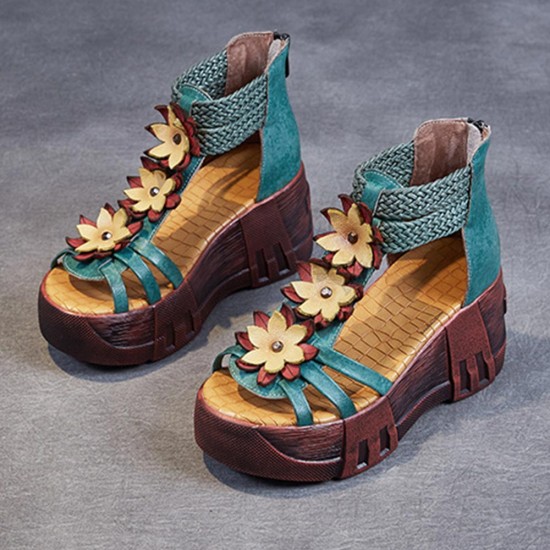 Showing image for Back Zipper Peep Toe Flowers Decor Strappy Wedge Sandals - Green Back Zipper Peep Toe Flowers Decor Strappy Wedge Sandals - Green |image