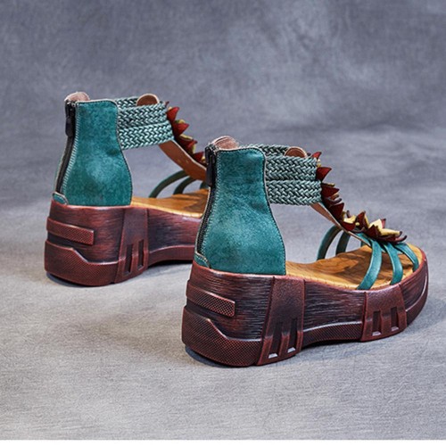 Back Zipper Peep Toe Flowers Decor Strappy Wedge Sandals - Green |image