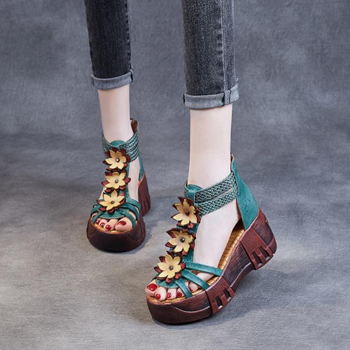 Back Zipper Peep Toe Flowers Decor Strappy Wedge Sandals - Green |image