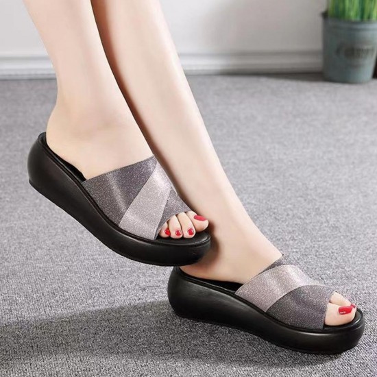Casual Style Peep Toe Thick Soled Slip On Wedge Slippers - Grey |image